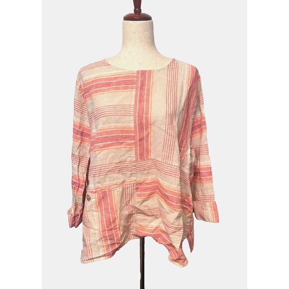 Habitat Tops - HABITAT Women's XL Linen Shirt Pink Patchwork Stripe Boxy Summer Beach Resort EU